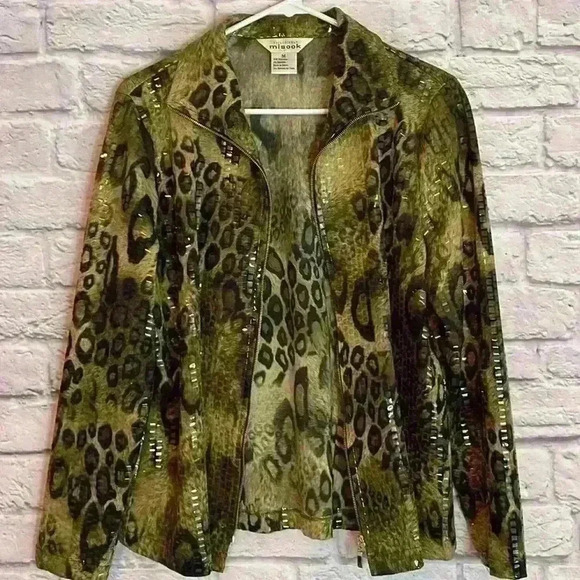 Exclusively Misook Green Leopard Jacket Full Zipper Front Size M - Picture 6 of 7
